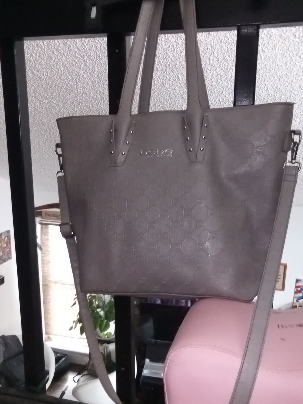 BEBE Taupe Gray Textured Tote with Removable Strap